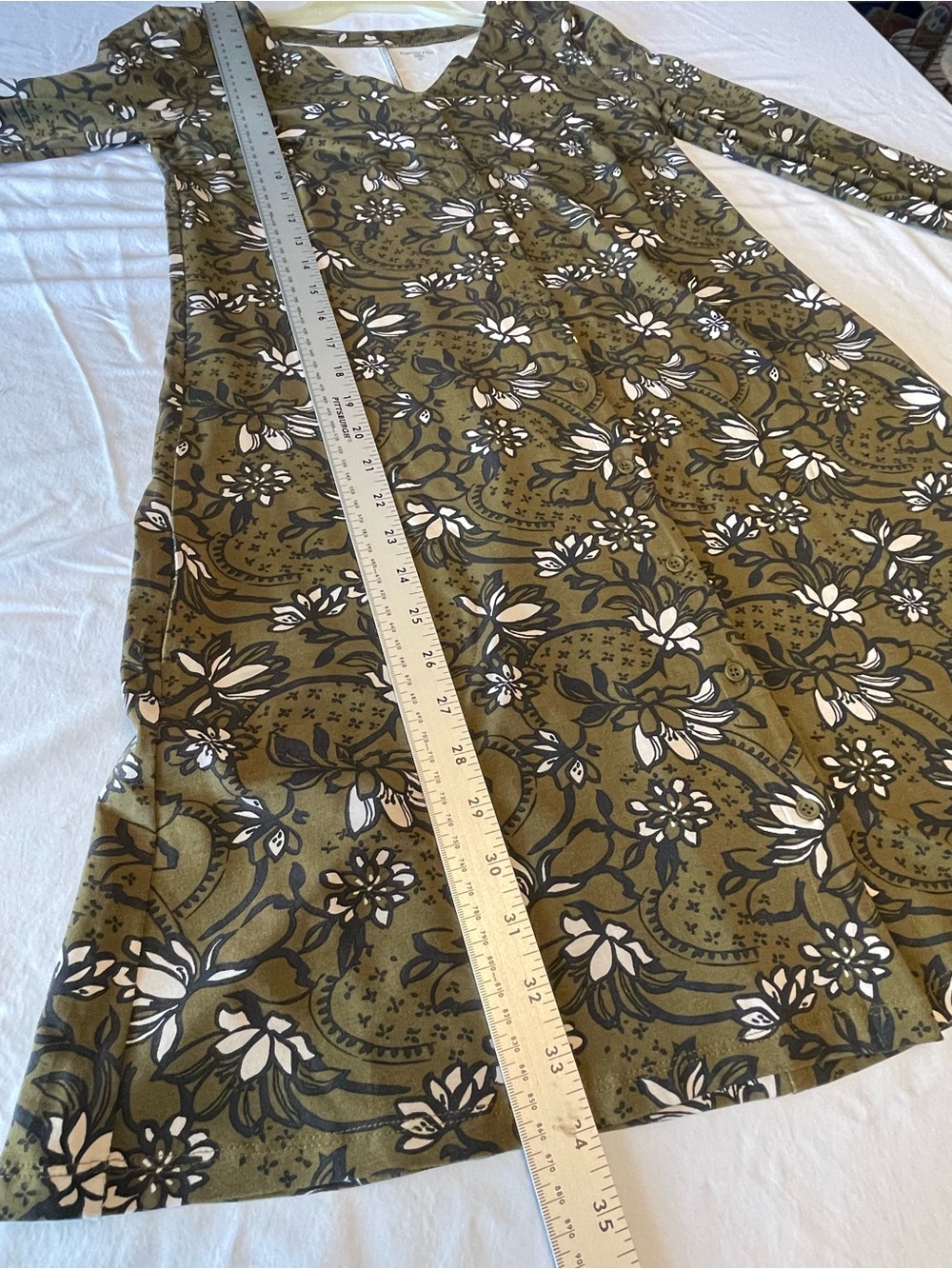Garnet Hill Olive Green Dark Earthy Floral V-Neck Button Down Long Sleeve Dress - Picture 5 of 8